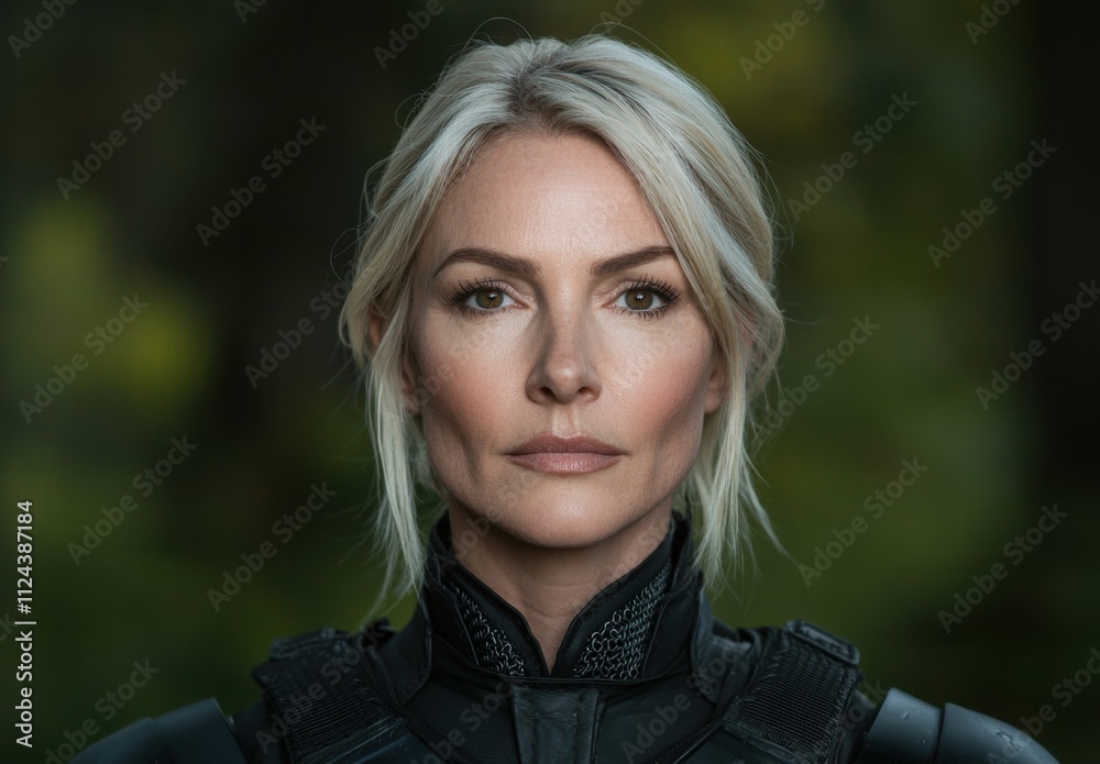 Confident woman with blonde hair in black jacket Confident woman with blonde hair in black jacket