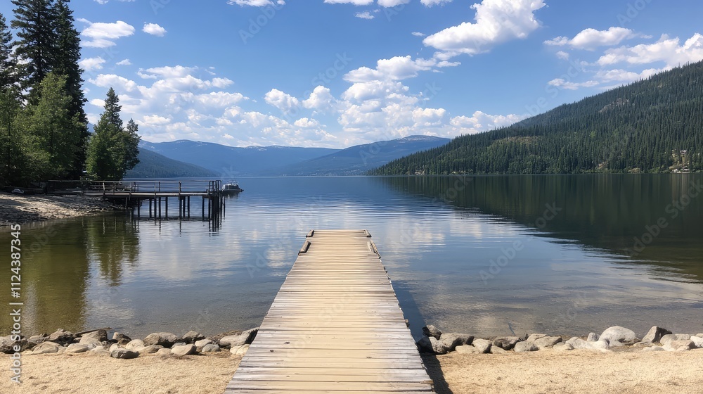 Fototapeta premium Tranquil Lake with Dock and Mountain View under Blue Sky