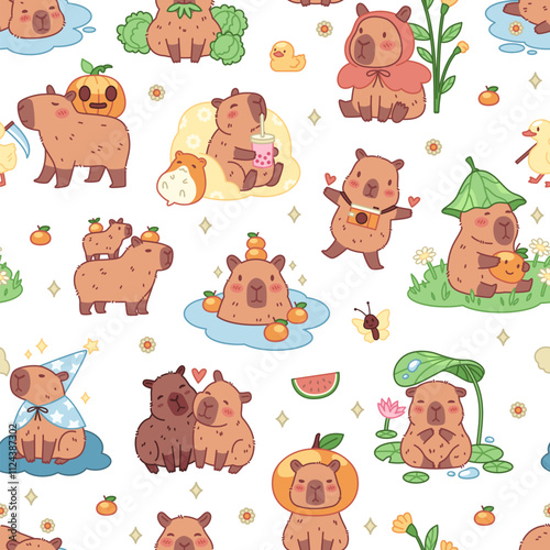 Cartoon happy capybaras seamless pattern. Funny exotic animals, repeated kawaii characters, biggest cute rodents. Decor textile, wrapping, wallpaper. Print for fabric tidy vector background