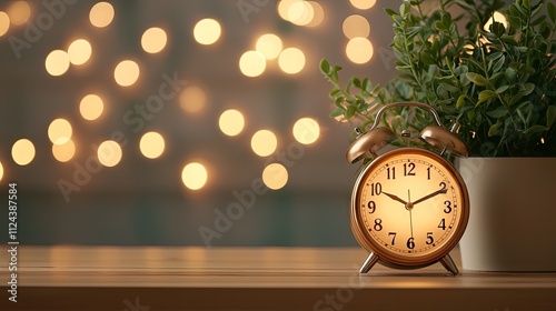 Vintage aesthetic interiors with rustic furniture, warm lighting, and an antique clock placed on a shelf photo