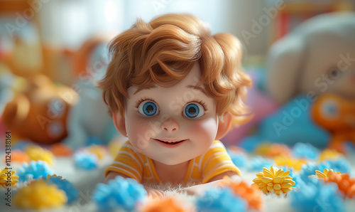 Illustration, a little child lies in bed and looks with big eyes. photo