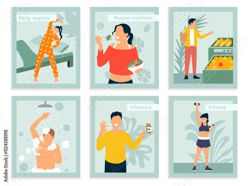 Be healthy motivational cards. Daily morning exercises, proper nutrition, fresh food, regular sports and fitness, vitamins, posters design, flyer and banners, cartoon isolated vector set