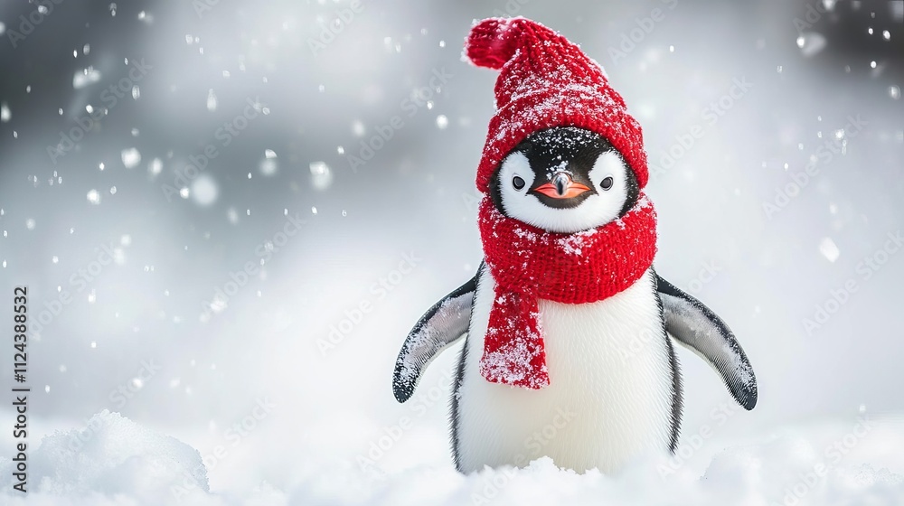 Adorable Christmas penguins with red hats and scarves in winter snow, snowflakes on white backdrop Adorable Christmas penguins with red hats and scarves in winter snow, snowflakes on white backdrop