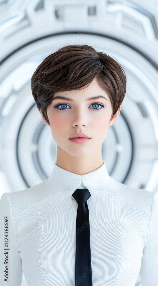Futuristic business woman with blue eyes and stylish haircut Futuristic business woman with blue eyes and stylish haircut