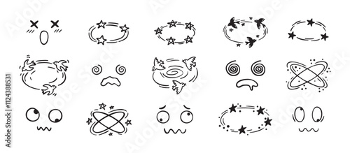 Dizzy effect drawing hand drawn doodle cartoon set. dizzy faces, birds and stars overhead emotions drawing.