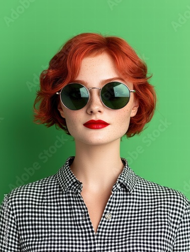 stylish woman with red hair and sunglasses