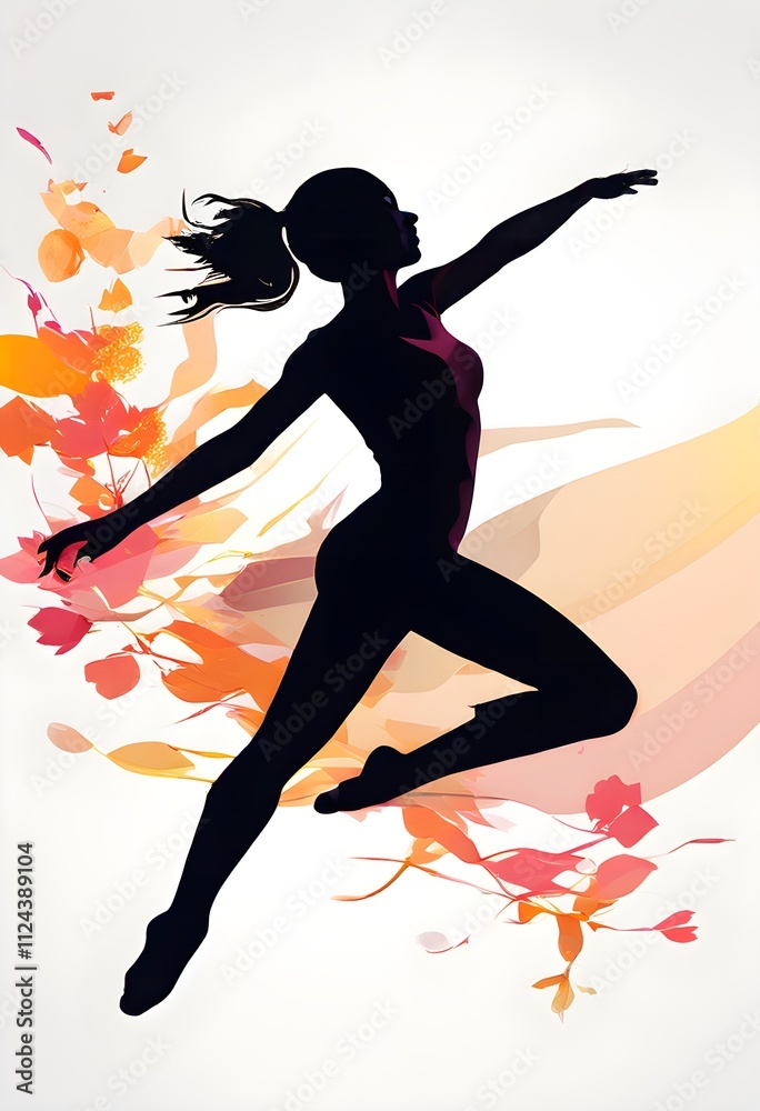 Abstract minimalist spring scene with a single, sharp silhouette of a rhythm gymnastic and of a blooming tree on a vast light grey canvas Abstract minimalist spring scene with a single, sharp silhouette of a rhythm gymnastic and of a blooming tree on a vast light grey canvas