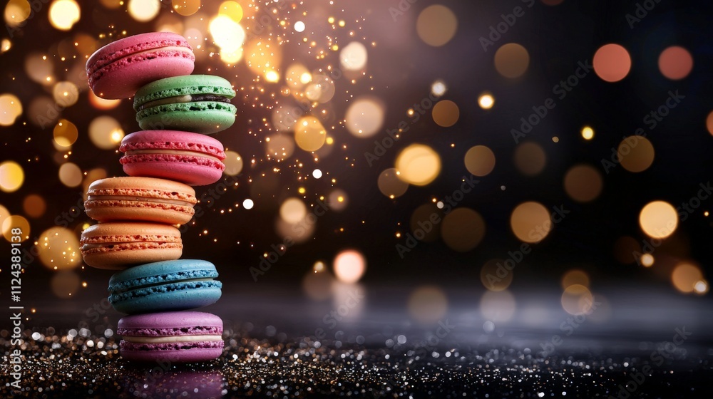 Obraz premium a dramatic sequence of french macarons beeing stacked into a pile