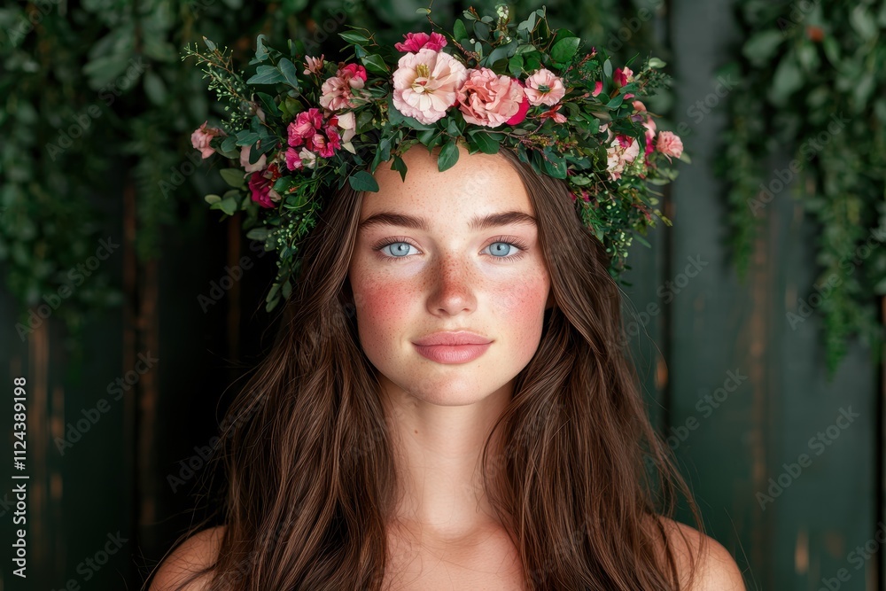 Naklejka premium beautiful woman with flower crown in nature