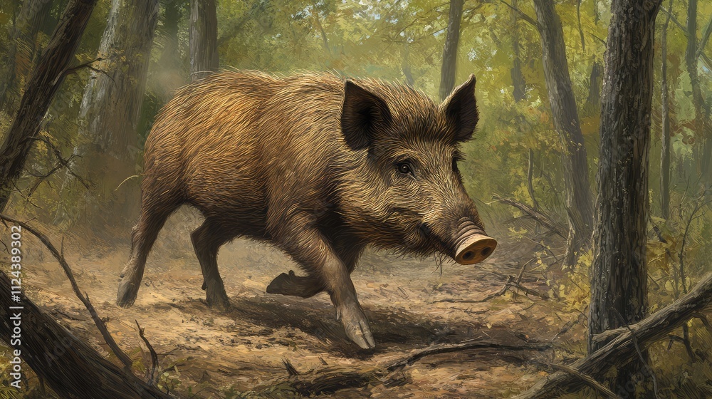 Wild Boar Running Through Lush Forest Surrounded by Trees Wild Boar Running Through Lush Forest Surrounded by Trees