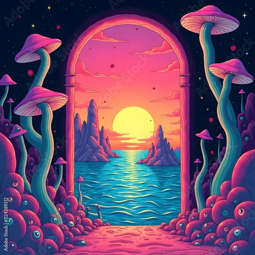 Psychedelic surreal vintage so synth wave poster cartoon style, arched door overseeing ocean filled with eyeballs trippy mushroom arches in a room on ocean with trippy eyes sunset cotton candy neon co