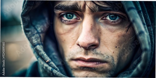 Expressive portrayal of a young man in a hooded outfit with intense blue eyes during a cloudy day outdoors photo