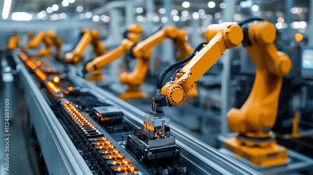 Automated robotic assembly line manufacturing process in a modern factory. Automated robotic assembly line manufacturing process in a modern factory.
