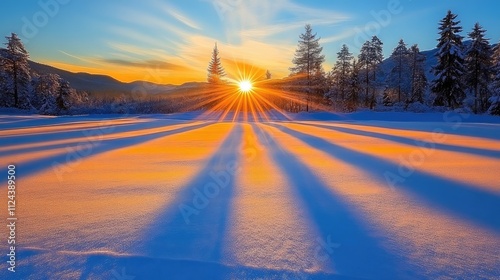 Stunning Winter Sunrise Over Snowy Landscape with Heavy Shadows