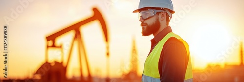 Bearded engineer observes large oil pump at sunset photo