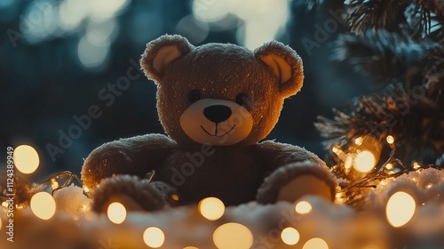 Christmas teddy bear on a background of lights.