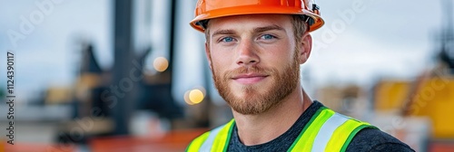 Construction worker at building site, orange helmet photo