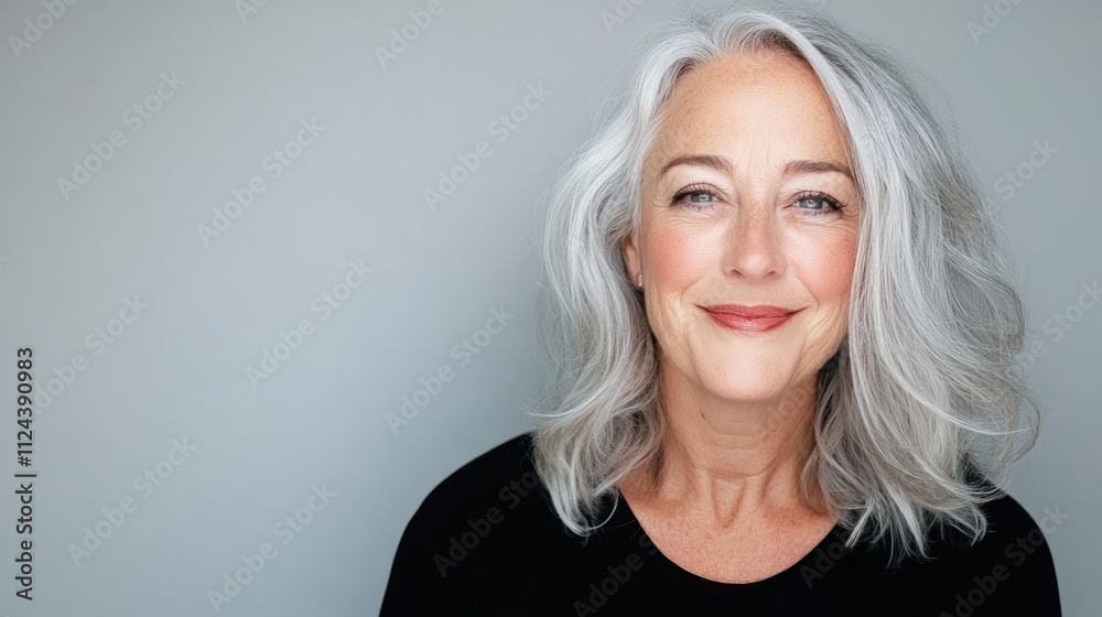 Sophisticated woman with elegant gray hair smiling. Sophisticated woman with elegant gray hair smiling.
