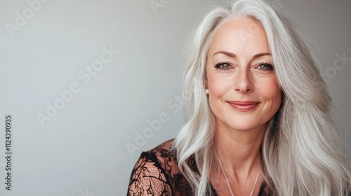 Confident woman with gray hair, sophisticated smile.