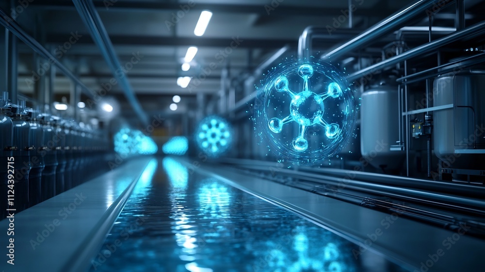 Fototapeta premium Holographic Water Molecule Symbols Glowing in a Futuristic Purification Facility