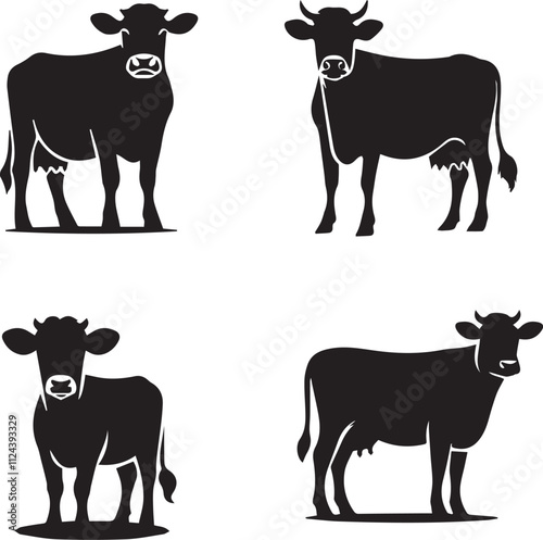Silhouette Illustrations of Cows in Various Poses - Adobe Stock