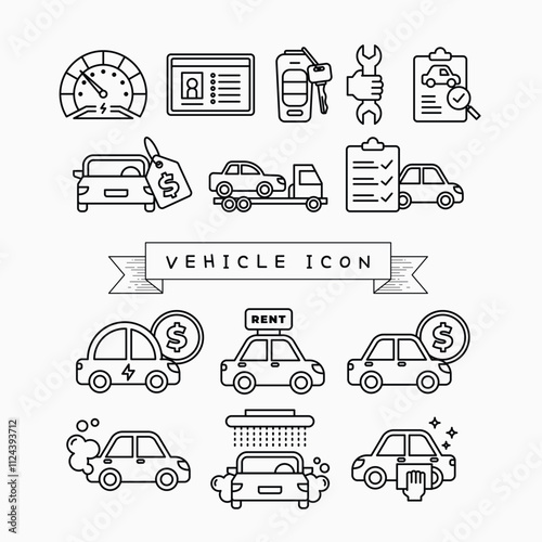 Simple set of car related vector line icons, including icons for tech reviews, stats comparison, dealerships, and more. Set of public transportation thin line icons.