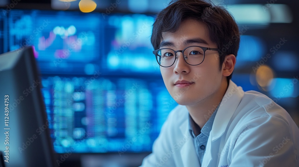 Young Asian scientist in lab coat looks at camera, monitors in background. Young Asian scientist in lab coat looks at camera, monitors in background.