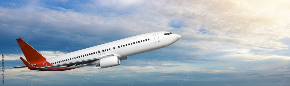 Obraz premium Commercial airplane flying in the sky with cloudscapes background