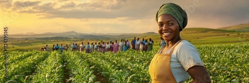 Smiling woman farmer in expansive green crop field photo