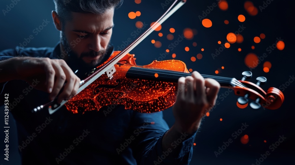 Fototapeta premium Man Playing Violin with Dramatic Lighting and Colorful Particles in Artistic Performance Scene