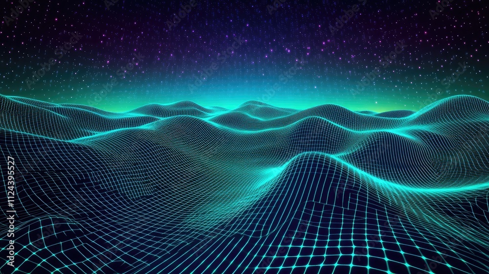 Abstract Digital Landscape with Grid and Starry Night Sky Abstract Digital Landscape with Grid and Starry Night Sky