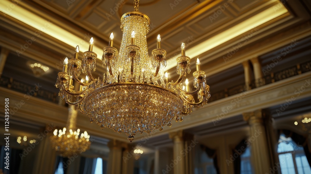 Fototapeta premium Elegant crystal chandelier illuminating grand ballroom luxury venue interior design opulent ambiance low angle view light reflection