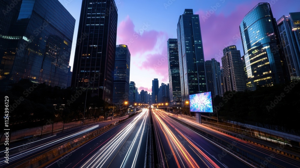 Dynamic night traffic scene urban cityscape photo fast-paced environment wide-angle view modern life concept Dynamic night traffic scene urban cityscape photo fast-paced environment wide-angle view modern life concept