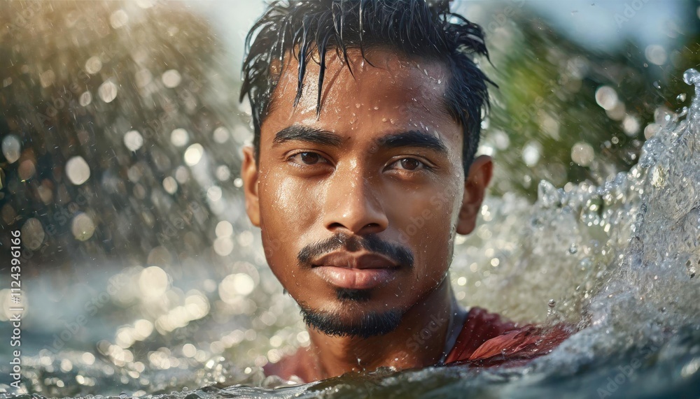 A man in water with droplets on face and blurred bokeh background. A man in water with droplets on face and blurred bokeh background.