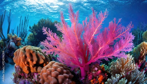 Vibrant underwater scene with pink coral reefs surrounded by various marine plants. photo