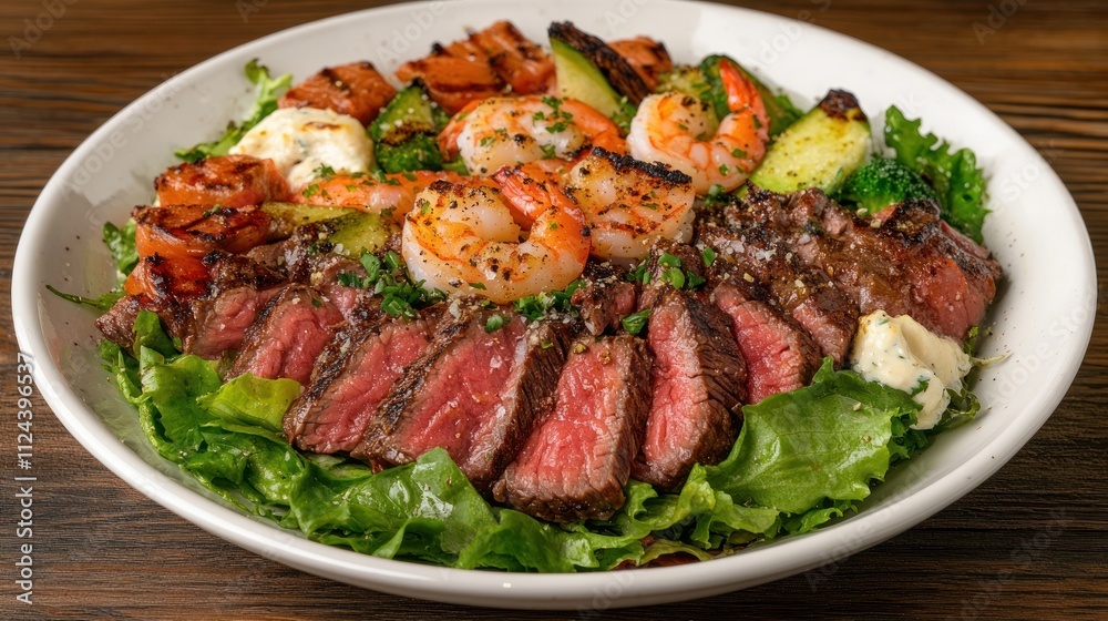 Grilled steak, shrimp, and vegetables on a bed of lettuce Grilled steak, shrimp, and vegetables on a bed of lettuce