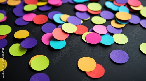 Colorful Paper Circles Scatter on Black Surface for Party Decoration