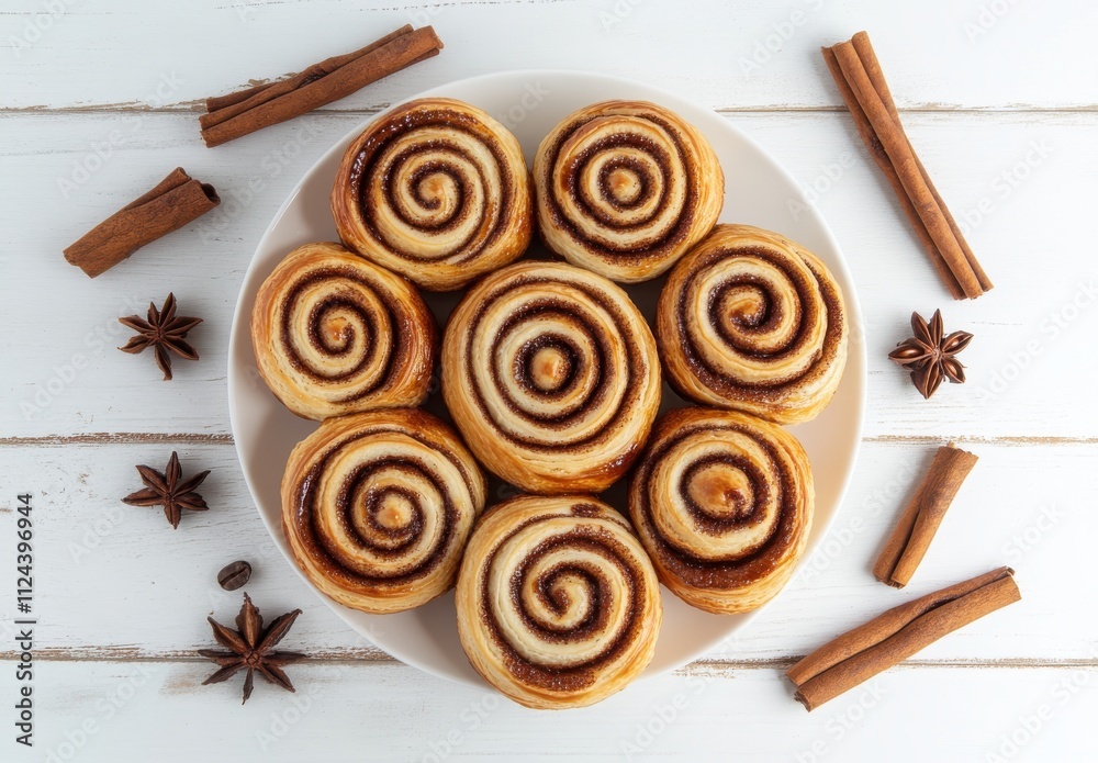 Freshly Baked Cinnamon Rolls on a White Plate Surrounded by Cinnamon Sticks, Star Anise, and Coffee Beans on Light Wooden Table Freshly Baked Cinnamon Rolls on a White Plate Surrounded by Cinnamon Sticks, Star Anise, and Coffee Beans on Light Wooden Table
