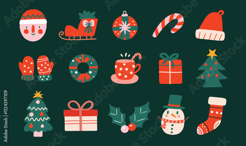 Set of whimsical christmas themed doodle icons, unique patterns, minimal lines, fun, playful, childish style on green background.