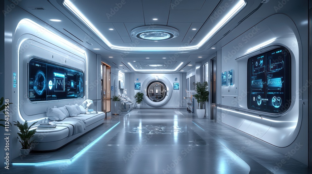 Fototapeta premium Futuristic hallway with sleek design and advanced technology displays.