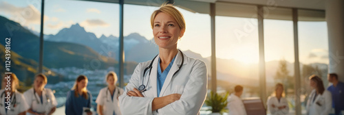 Smiling senior doctor leading a motivated team.