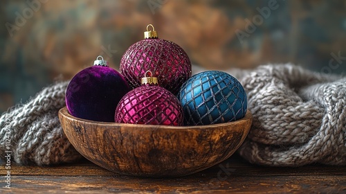 Rustic holiday decor: vibrant ornaments in wooden bowl with cozy knit blanket