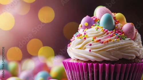 Delightful Easter Cupcake with Pastel-Colored Eggs and Sprinkles