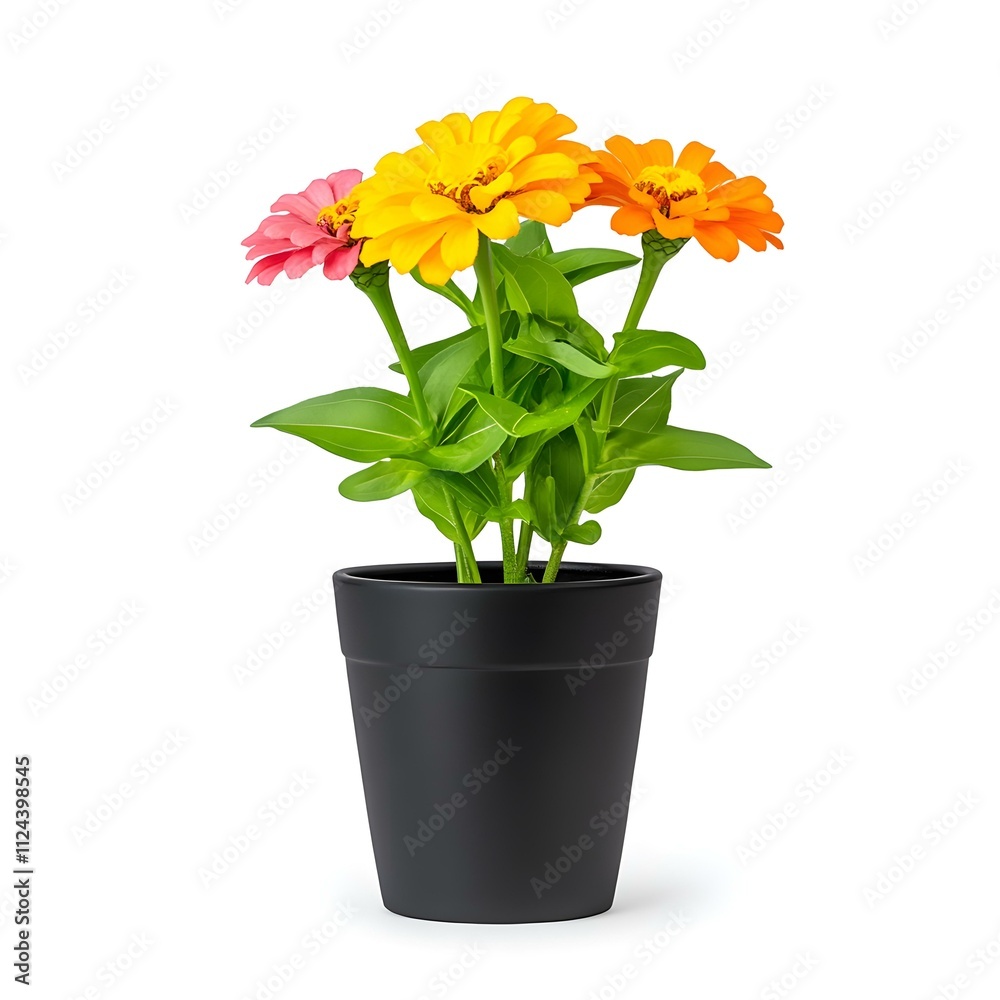 Fototapeta premium Zinnia Blooms in Black Pot 