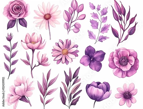 A set of pink and purple watercolor floral elements on a white background, including roses, daisies, lilies, peonies, and chrysanthemums.