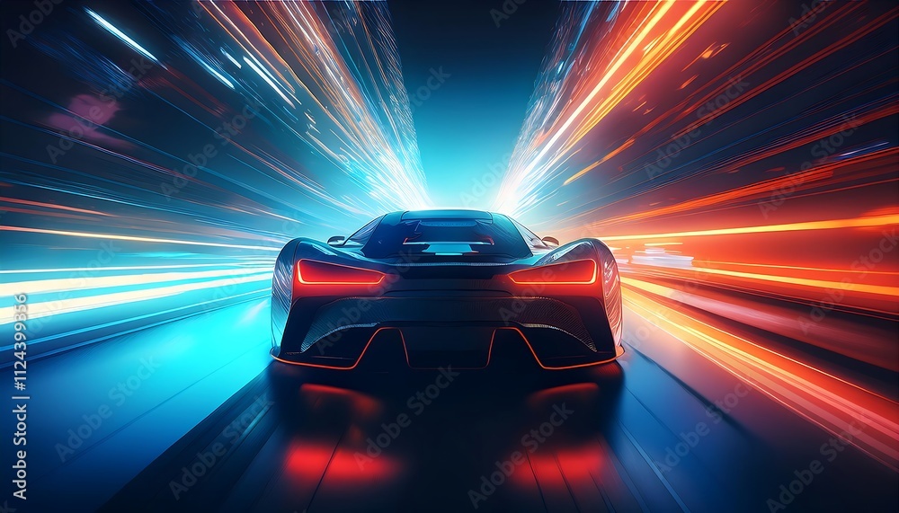 Futuristic car in motion with vibrant light trails. Futuristic car in motion with vibrant light trails.