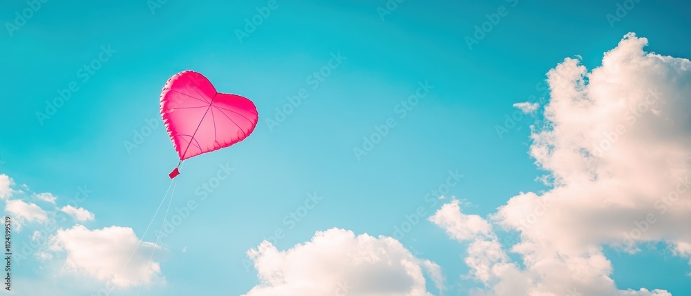 Heart-shaped balloon floats against a vibrant blue sky with fluffy white clouds on a sunny day Heart-shaped balloon floats against a vibrant blue sky with fluffy white clouds on a sunny day