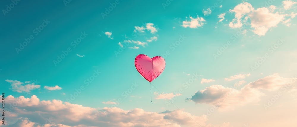 Obraz premium Heart-shaped balloon floats against a vibrant blue sky with fluffy white clouds on a sunny day