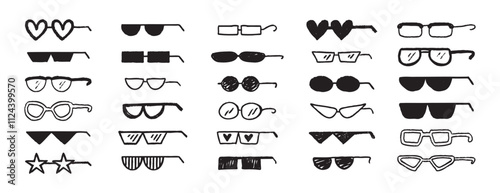 Thug glasses. Cool glasses graffiti grunge black sunglasses set, brush scribble hand drawn doodle elements