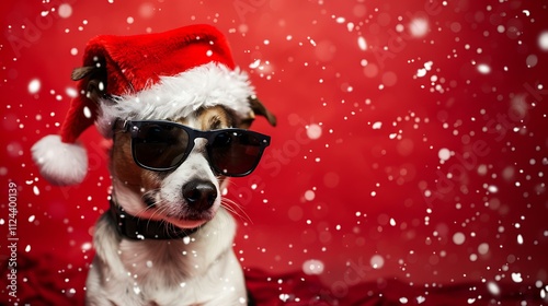 A stylish dog wearing a classic red Santa hat and trendy black sunglasses, sitting confidently with a festive red background and falling snowflakes, conveying holiday cheer